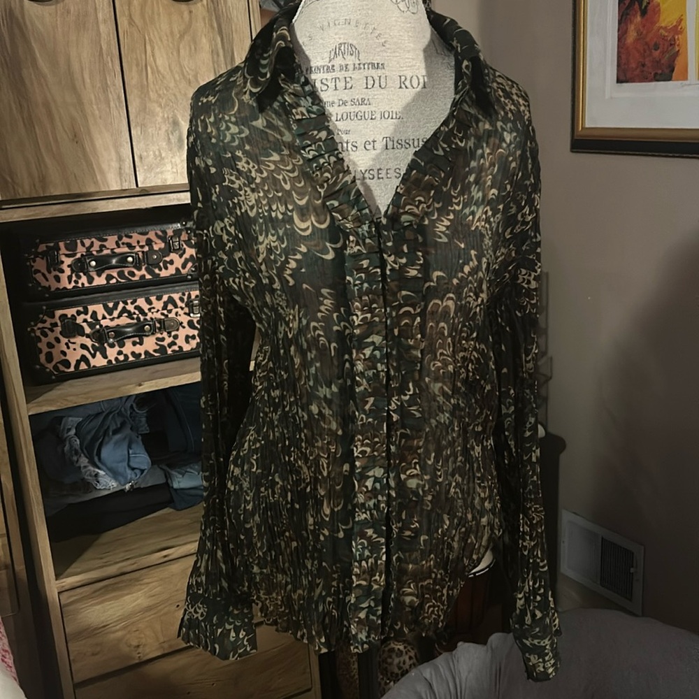 Venezia Green Sheer Button Down Blouse - 14/16